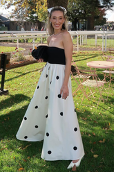 Strapless Colorblock Polka Dot Print A-Line Maxi Dresses-Black